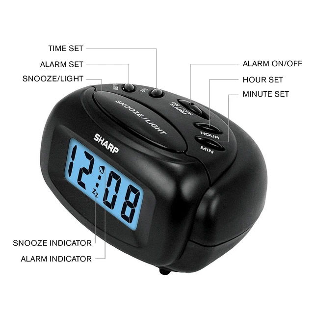 Alt view image 2 of 5 - SHARP Digital Alarm Clock, Battery Operated, LCD Display, Small, Travel, Black