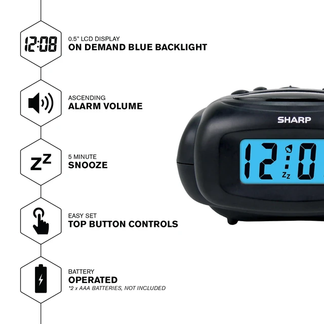 Alt view image 5 of 5 - SHARP Digital Alarm Clock, Battery Operated, LCD Display, Small, Travel, Black