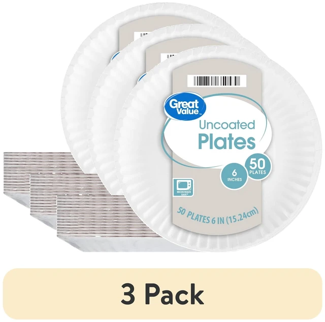Main image of Great Value Uncoated White Paper Plates, 6Inch, 3-Pack (50 Count)