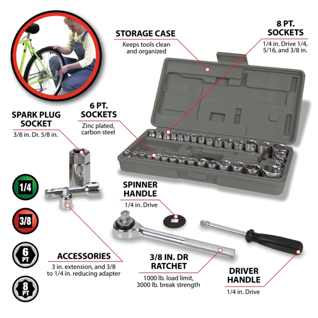 Alt view image 4 of 6 - Performance Tool W1173 40-Piece 1/4-Inch & 3/8-Inch Drive Socket Set