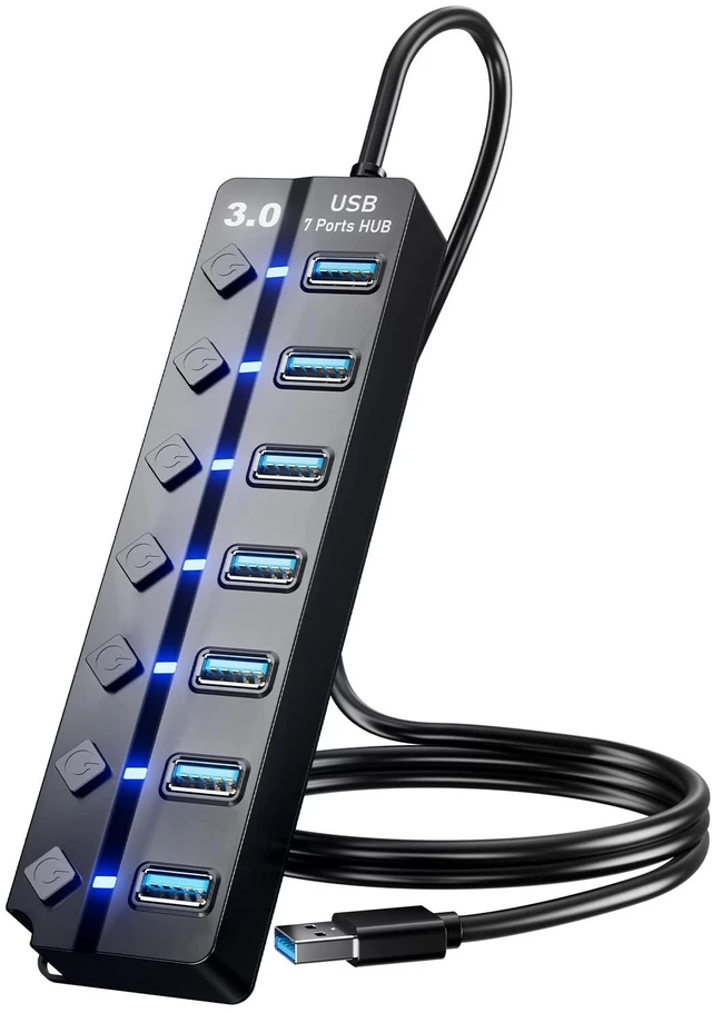 Main image of PANPEO 7-Port USB 3.0 Hub with On/Off Switches, 4ft Cable for Laptop PC