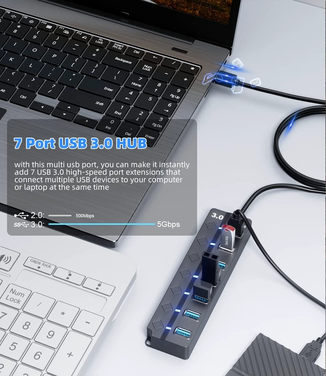 Alt view image 2 of 7 - PANPEO 7-Port USB 3.0 Hub with On/Off Switches, 4ft Cable for Laptop PC