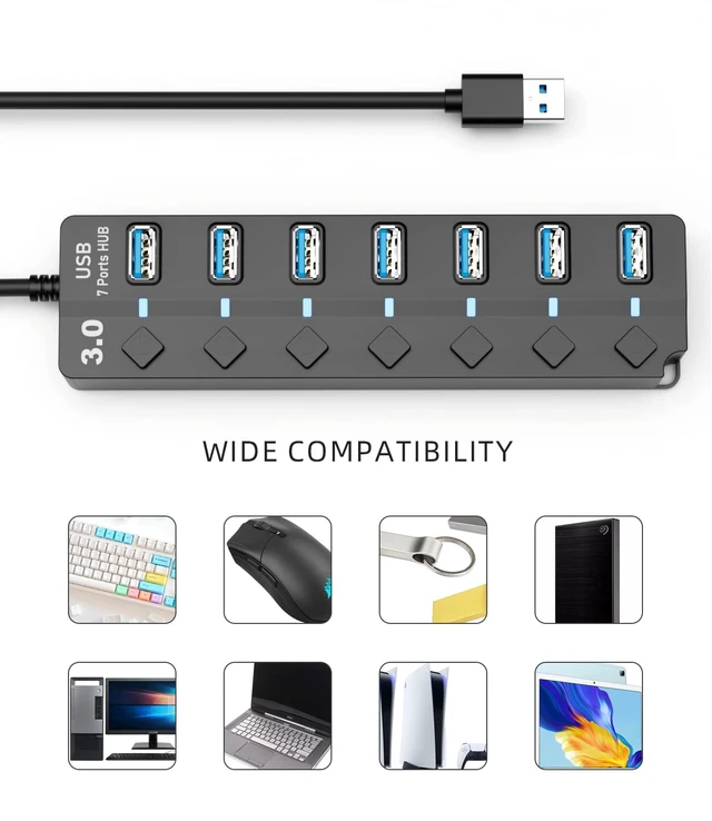 Alt view image 5 of 7 - PANPEO 7-Port USB 3.0 Hub with On/Off Switches, 4ft Cable for Laptop PC