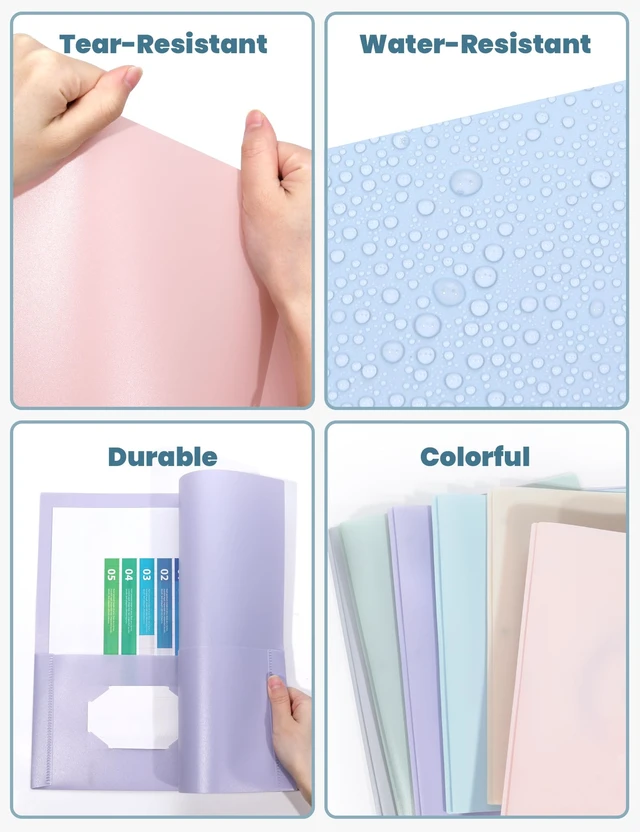Alt view image 4 of 6 - SUNEE 3-Prong Plastic Folders with Pockets, 6 Pack, Pastel Colors, 2-Pocket with Fasteners, Tear-Resistant, Letter Size, for School Office Home Business