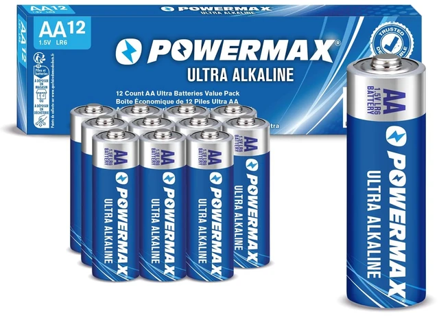 Main image of Powermax AA Alkaline Batteries 12-Pack, 1.5V, Long Lasting, Leak Resistant, 10-Year Shelf Life, Reclosable Packaging for Home and Office