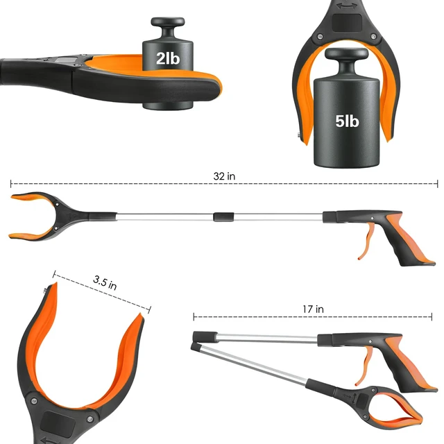 Alt view image 3 of 7 - 32" Foldable Grabber Reacher Tool, 1-Pack, 360 Anti-Slip Rotating Jaw with Magnet, Lightweight, Orange