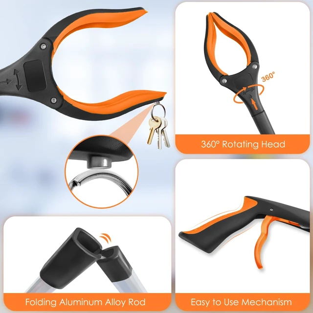 Alt view image 6 of 7 - 32" Foldable Grabber Reacher Tool, 1-Pack, 360 Anti-Slip Rotating Jaw with Magnet, Lightweight, Orange