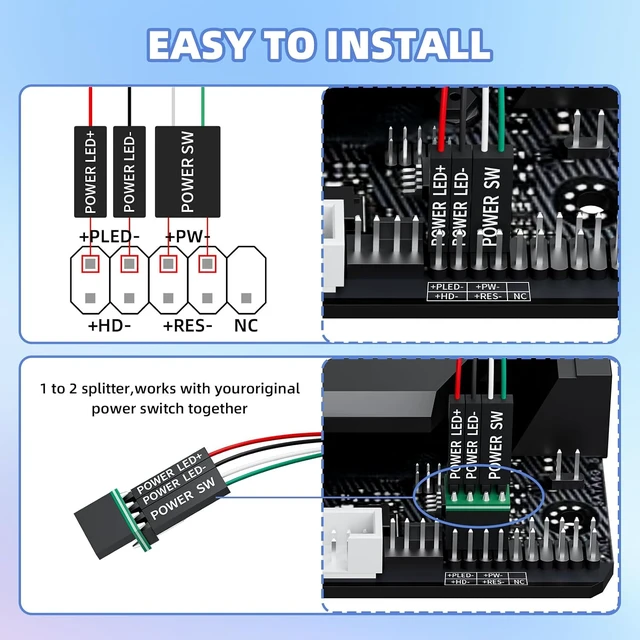 Alt view image 5 of 7 - PC Power Button with 118" Cable - Desktop Computer External ON/Off Switch LED Indicator, PC Power Supply Button SW Extension with Adhesive Mount, Splitter for Computer Motherboard (Black, 118")