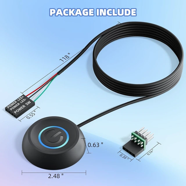 Alt view image 6 of 7 - PC Power Button with 118" Cable - Desktop Computer External ON/Off Switch LED Indicator, PC Power Supply Button SW Extension with Adhesive Mount, Splitter for Computer Motherboard (Black, 118")