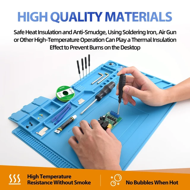 Alt view image 5 of 7 - Professional Silicone Soldering Pad 932°F Heat-Resistant - 17.7 x 11.8 Anti-Static Repair Workstation with Magnetic Area and Electronics Screw Storage Box
