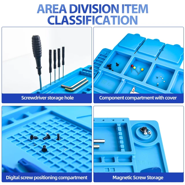 Alt view image 7 of 7 - Professional Silicone Soldering Pad 932°F Heat-Resistant - 17.7 x 11.8 Anti-Static Repair Workstation with Magnetic Area and Electronics Screw Storage Box