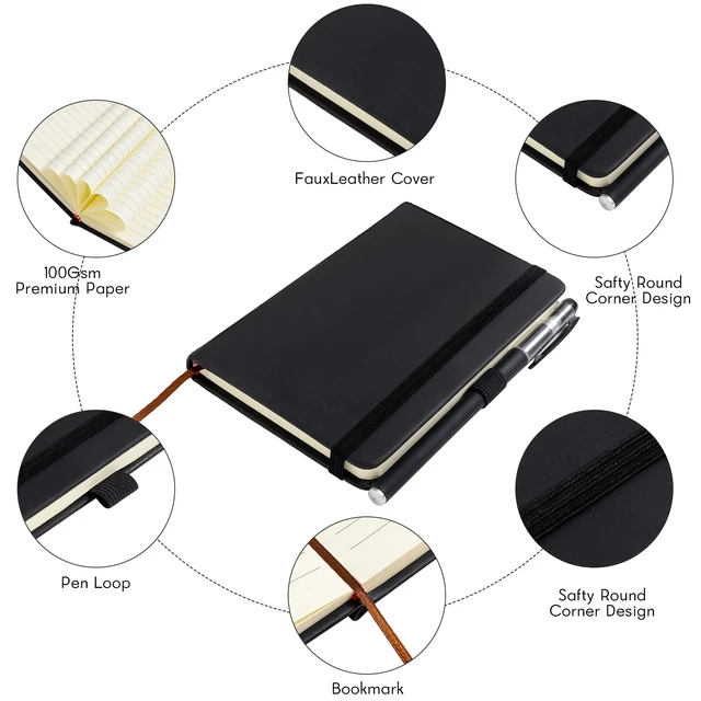 Alt view image 7 of 7 - 2Pack Pocket Notebook Small Notebook Journal Notebook 4 inches x 5.7 inches 200 Pages Leather Cover With Pen Holder Page Marker Ribbons(Black)