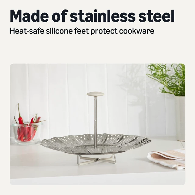 Alt view image 6 of 7 - Amazon Basics Extendable Steamer Basket for Vegetables, Dumplings and Seafood, Expands from 5.6 to 9.25 in., Stainless Steel, Dishwasher-Safe