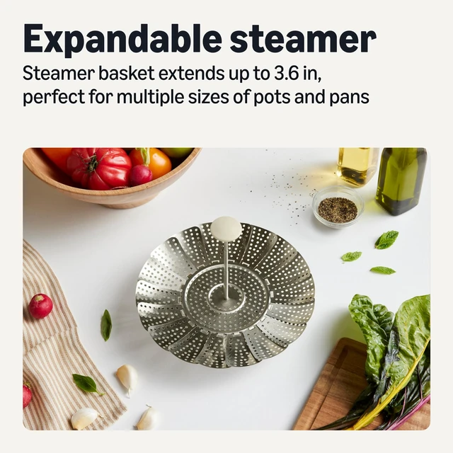 Alt view image 4 of 7 - Amazon Basics Extendable Steamer Basket for Vegetables, Dumplings and Seafood, Expands from 5.6 to 9.25 in., Stainless Steel, Dishwasher-Safe