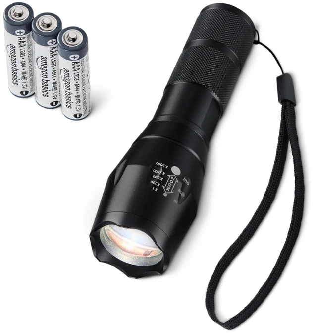 Main image of Amazon Basics Handheld LED Flashlight, 200 Lumen, Adjustable Brightness Focus, 5 Light Modes, Water Resistant IPX4, Black