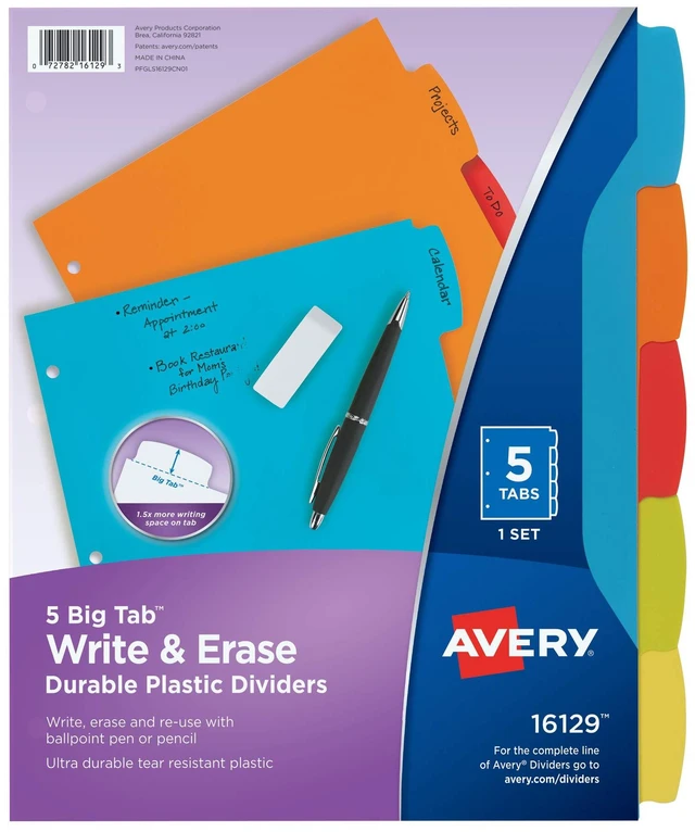Main image of Avery Big Tab Write & Erase Plastic Dividers, 5-Tab, Color, 1 Set