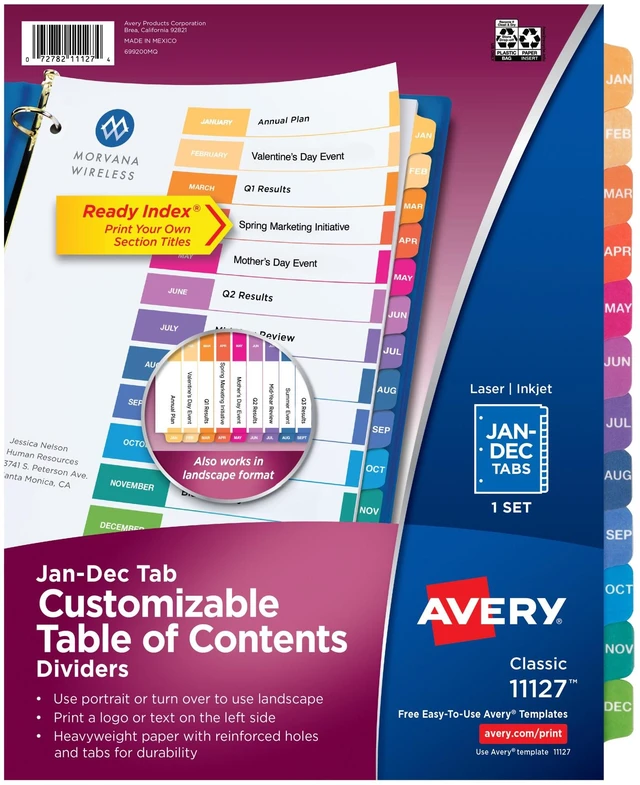 Main image of Avery Jan-Dec Dividers for 3 Ring Binders, 12 Tabs per Set, Customizable Table of Contents, Multicolor Tabs, Great for Organizing Reports, Projects, and More (11127)