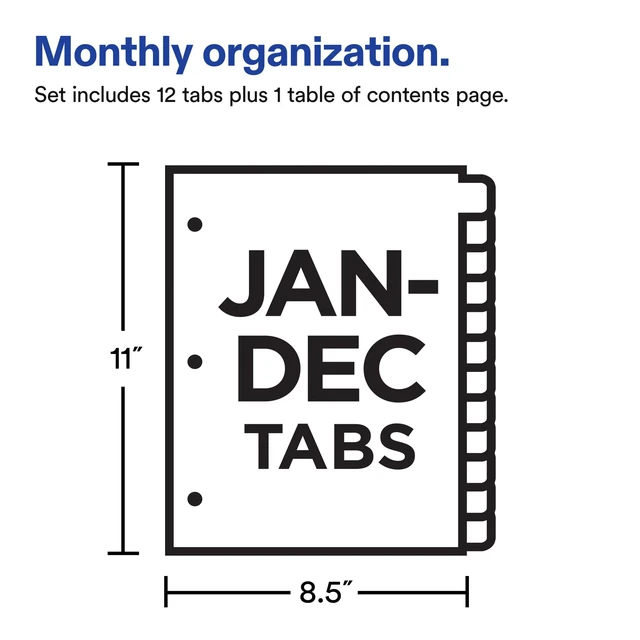 Alt view image 3 of 6 - Avery Jan-Dec Dividers for 3 Ring Binders, 12 Tabs per Set, Customizable Table of Contents, Multicolor Tabs, Great for Organizing Reports, Projects, and More (11127)