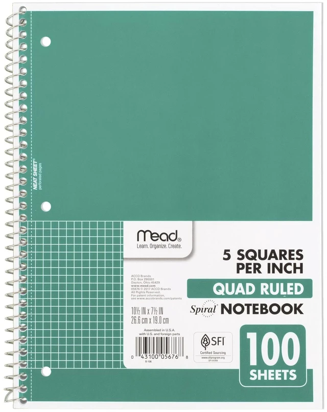 Main image of Mead Spiral Notebook, 1 Subject, Graph Ruled Paper, 7-1/2" x 10-1/2", 100 Sheets, Green (05676AC5)