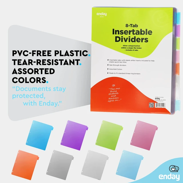 Alt view image 5 of 7 - 8 Dividers for 3 Ring Binder Standard Index Folder Dividers, Plastic Multicolor Dividers with White Insertable Tabs, in Green, Blue, Pink, Purple, Red, Grey, White, and Light Blue By Enday