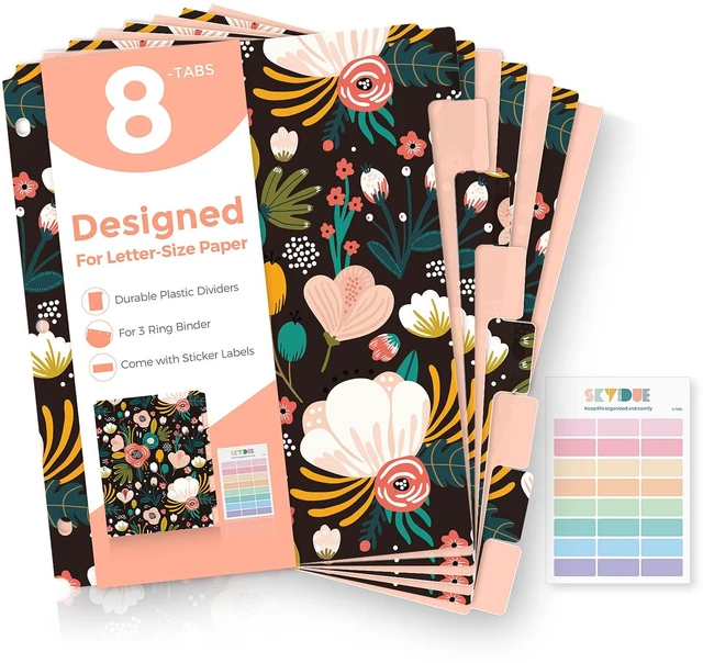 Main image of SKYDUE 8 Tab Binder Dividers with Tabs, Thick Plastic Dividers for 3 Ring Binder, Letter Size, Tear-Resistant File Organizers, BlackFloral