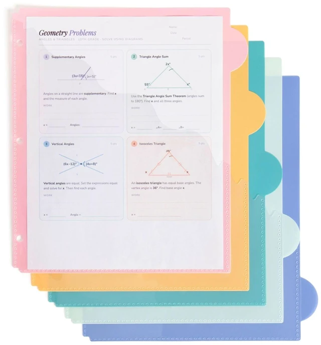 Main image of U Brands 5 Tab Poly Binder Dividers with Pocket, Pastel Drift, 3-Hole Punched, 10 Blank Labels, Transparent Pocket, Durable No-Tear
