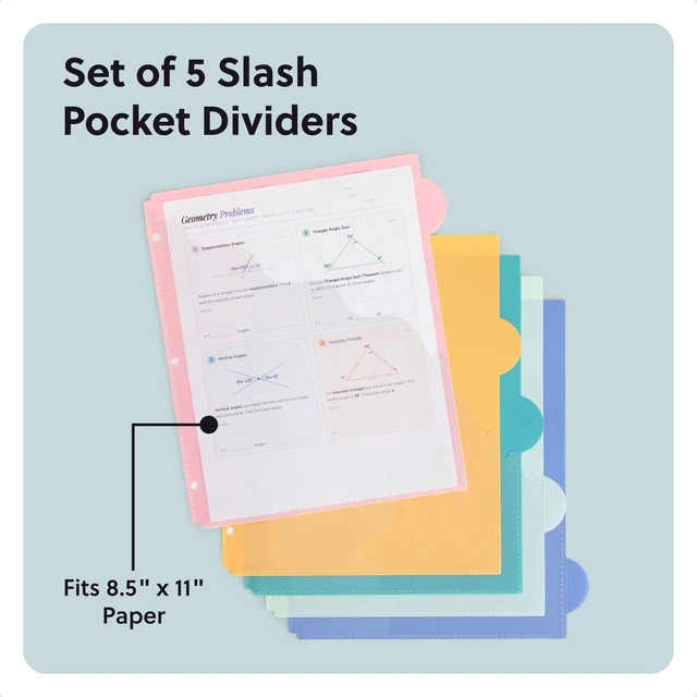 Alt view image 2 of 6 - U Brands 5 Tab Poly Binder Dividers with Pocket, Pastel Drift, 3-Hole Punched, 10 Blank Labels, Transparent Pocket, Durable No-Tear