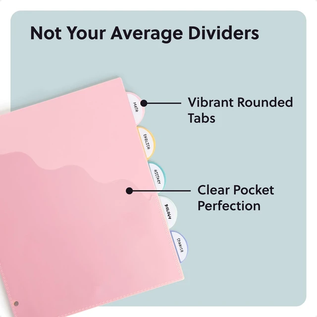 Alt view image 4 of 6 - U Brands 5 Tab Poly Binder Dividers with Pocket, Pastel Drift, 3-Hole Punched, 10 Blank Labels, Transparent Pocket, Durable No-Tear