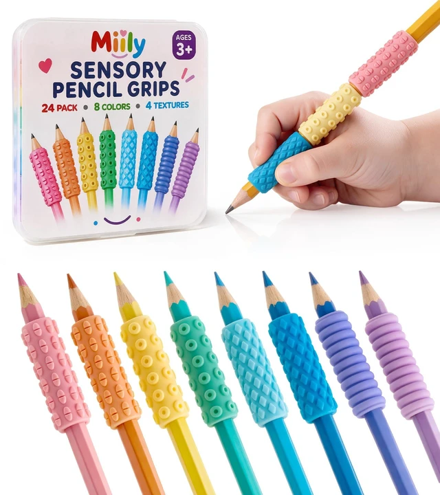 Main image of Sensory Pencil Grips for Kids & Adults, 24 Pack Quiet Classroom Fidgets
