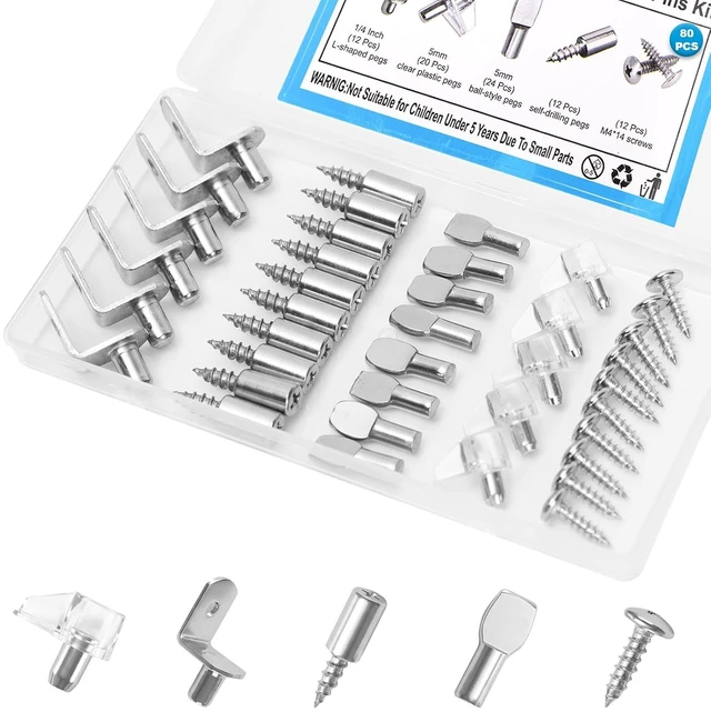 Main image of 80 Pcs Shelf Pegs Pins Kit, 4 Styles Heavy Duty 5mm 1/4 Inch Shelf Support Pegs Holders, Nickel Plated Cabinet Shelf Clips for Kitchen Wood Shelves Bookcase
