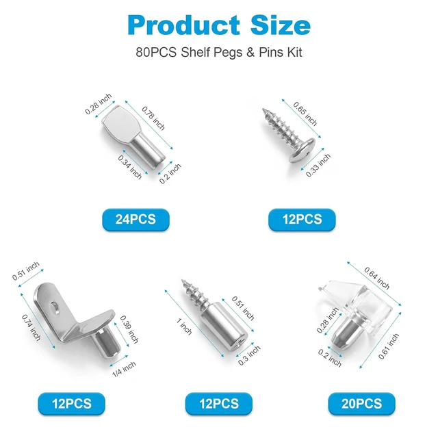 Alt view image 5 of 7 - 80 Pcs Shelf Pegs Pins Kit, 4 Styles Heavy Duty 5mm 1/4 Inch Shelf Support Pegs Holders, Nickel Plated Cabinet Shelf Clips for Kitchen Wood Shelves Bookcase