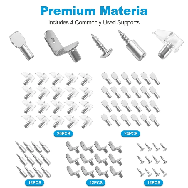 Alt view image 4 of 7 - 80 Pcs Shelf Pegs Pins Kit, 4 Styles Heavy Duty 5mm 1/4 Inch Shelf Support Pegs Holders, Nickel Plated Cabinet Shelf Clips for Kitchen Wood Shelves Bookcase