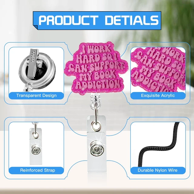 Alt view image 3 of 7 - Bookish Badge Reel Cute Retractable ID Badge Holder for Nurse, Teacher, Student, Book Lover, Librarian Literary Badge Clip Accessories for Work