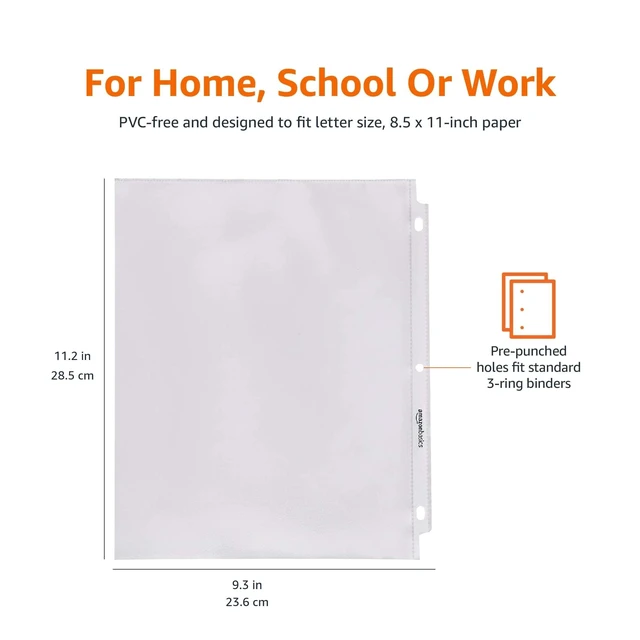 Alt view image 2 of 7 - Amazon Basics Sheet Protectors for 3 Ring Binder, Lightweight, Acid-Free, Clear Plastic Sleeves, Letter Size, 8.5 x 11 Inch, 100-Pack