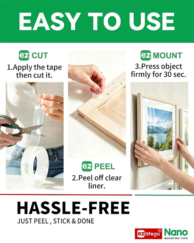Alt view image 2 of 6 - EZlifego Heavy Duty Invisible Bond Nano Double Sided Mounting Tape, 9.85FT