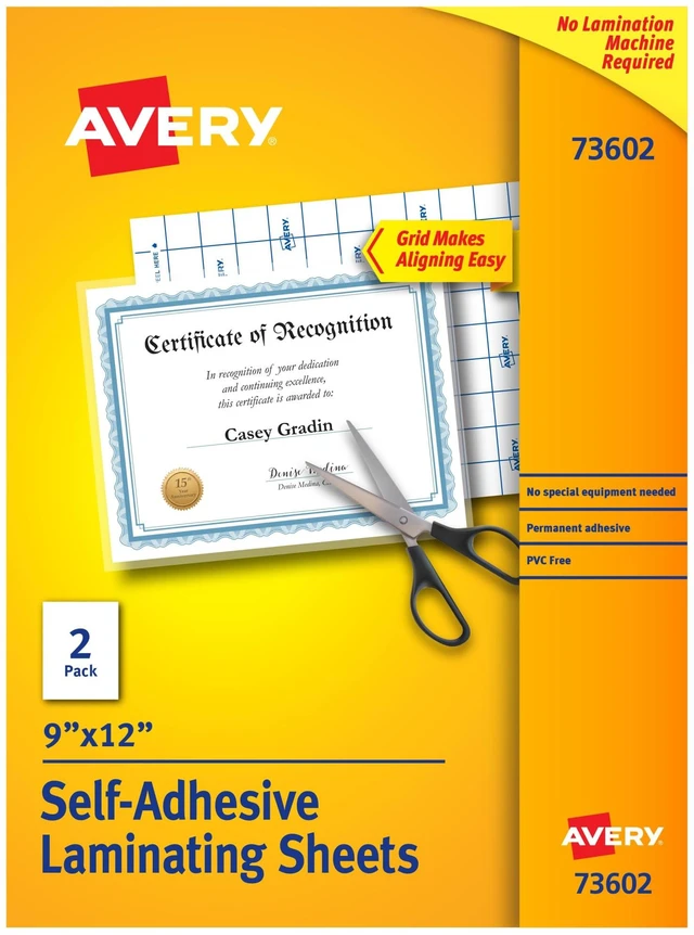 Main image of Avery Clear Laminating Sheets, 9" x 12", Permanent Self-Adhesive, 2 Self-Laminating Sheets, Great for Protecting Documents, Photos, and Signs More (73602)