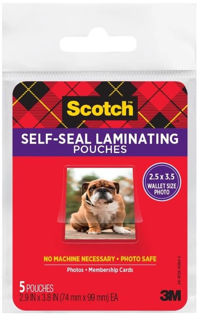 Main image of Scotch Self-Sealing Laminating Pouches, Glossy Finish, Wallet Photo Size 2 1/2 in x 3 1/2 in, 5 Pouches