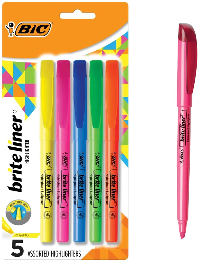 Main image of BIC Brite Liner Highlighters, Chisel Tip, 5-Count Pack, Assorted Colors