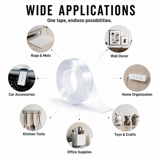 Alt view image 6 of 7 - Nano Tape Double Sided Heavy Duty 1/2''×10Ft Removable Washable No Residue