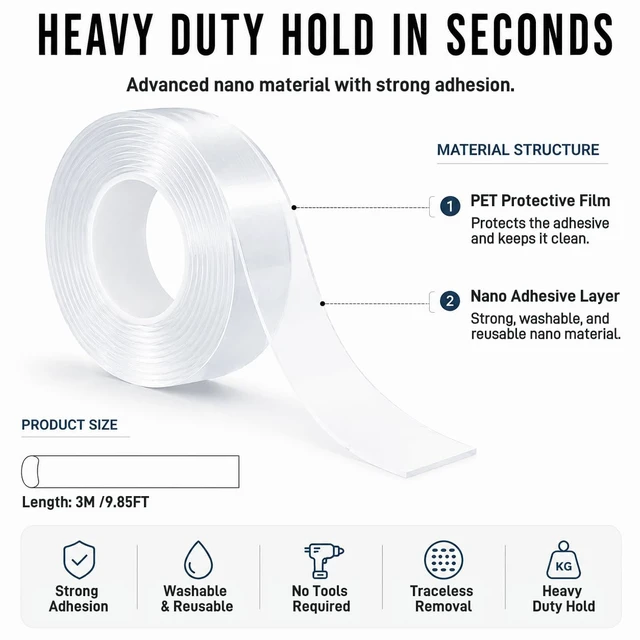 Alt view image 4 of 7 - Nano Tape Double Sided Heavy Duty 1/2''×10Ft Removable Washable No Residue