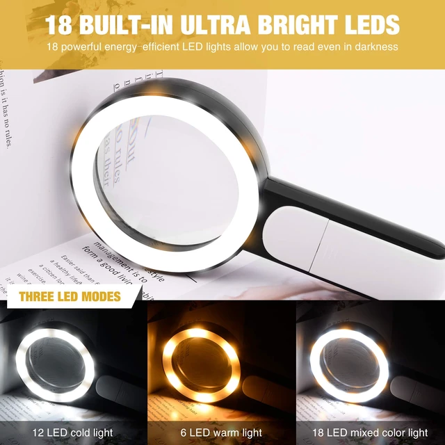 Alt view image 2 of 6 - JMH Magnifying Glass with Light, Handheld Large Magnifying Glass 18LED Cold and Warm Light with 3 Modes, Illuminated Lighted Magnifier for Seniors Reading, Coins, Jewelry