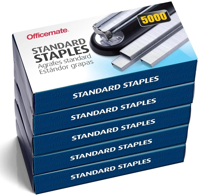 Main image of Officemate Standard Staples - Chisel Point Tips, 5 Boxes of 5,000 Staples, 1/4-Inch Leg Length, Universal Compatibility, Office Supplies and School Supplies for Everyday Paper Fastening