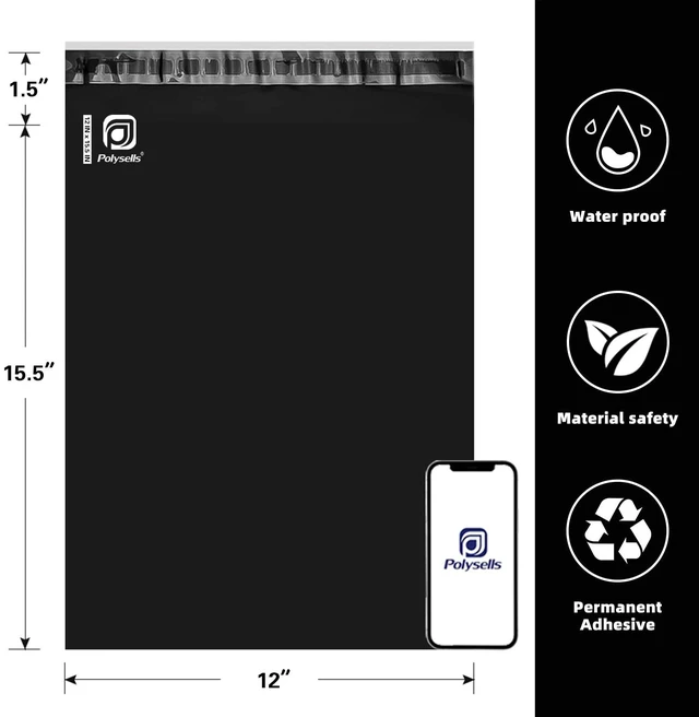 Alt view image 2 of 6 - POLYSELLS 100 pcs 12x15.5 Inches Black Poly Mailers Shipping Envelopes, Strong Adhesive Sealing, Waterproof, and Tear-resistant Postal Mailing Bags for Clothing, Books, and Accessories