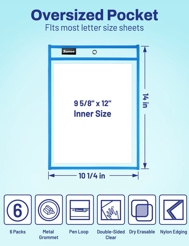 Alt view image 4 of 6 - SUNEE 6 Packs Oversized Reusable Dry Erase Pocket Sleeves with Binder Ring, 6 Assorted Colors 10x14 Ticket Holders, Clear Plastic Sheet Protectors, Teacher School Classroom Supplies