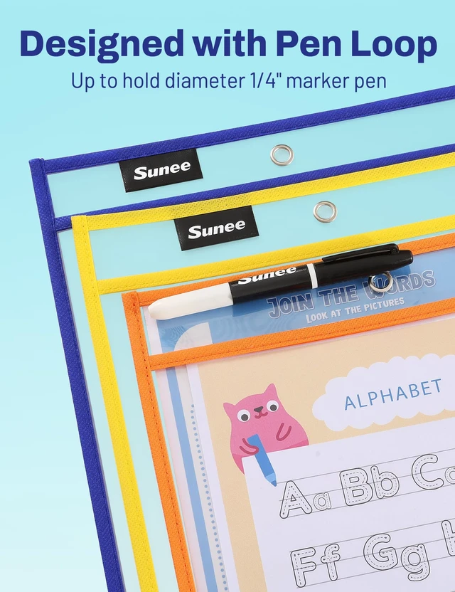 Alt view image 2 of 6 - SUNEE 6 Packs Oversized Reusable Dry Erase Pocket Sleeves with Binder Ring, 6 Assorted Colors 10x14 Ticket Holders, Clear Plastic Sheet Protectors, Teacher School Classroom Supplies