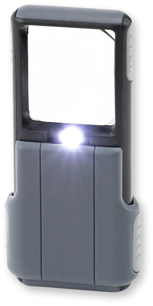 Main image of Carson MiniBrite LED Lighted Slide-Out Aspheric Magnifier with Protective Sleeve (PO-55), 5X, Gray