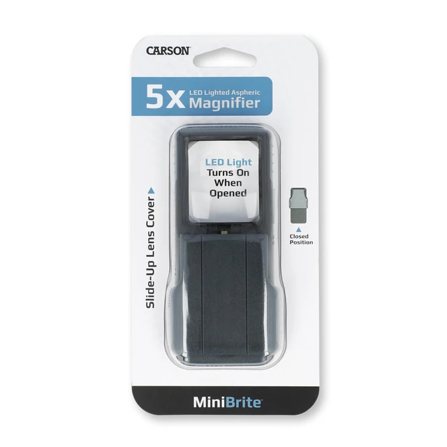 Alt view image 3 of 5 - Carson MiniBrite LED Lighted Slide-Out Aspheric Magnifier with Protective Sleeve (PO-55), 5X, Gray