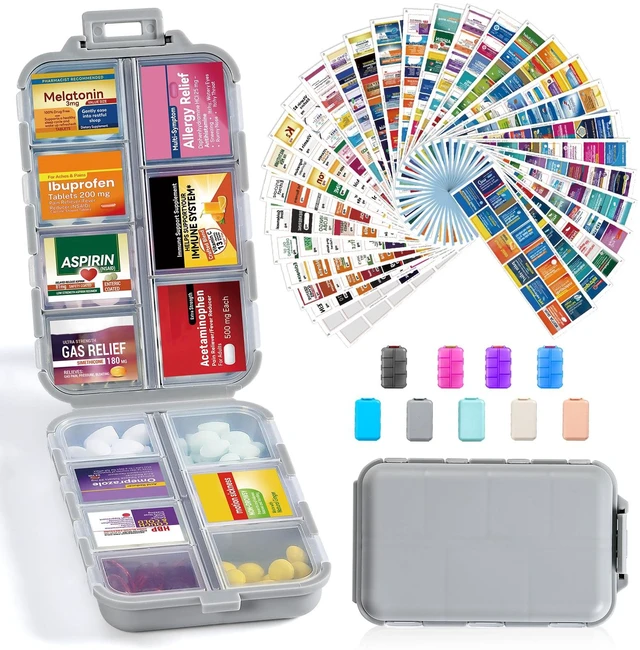 Main image of 14 Grids Travel Pill Organizer Box with 415-Pcs Medicine Name Labels - Pocket Daily Pharmacy Case Container - Travel Medication Holder Dispenser Kit for Fish Oil Vitamin Supplement Storage - Grey