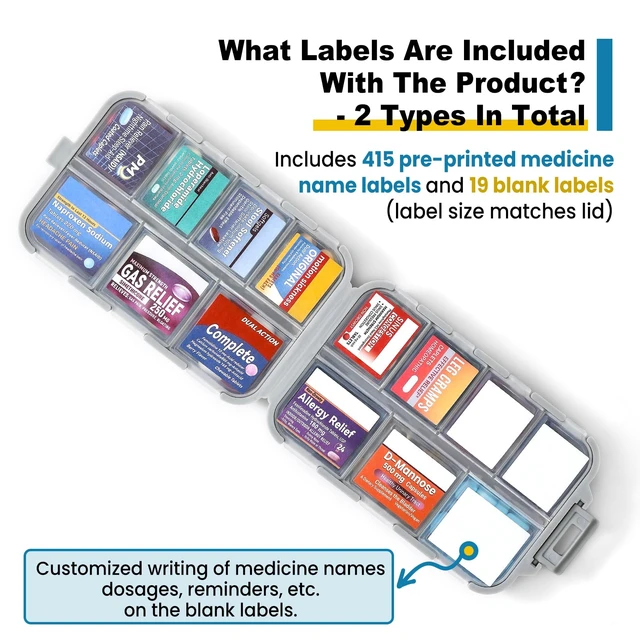 Alt view image 5 of 6 - 14 Grids Travel Pill Organizer Box with 415-Pcs Medicine Name Labels - Pocket Daily Pharmacy Case Container - Travel Medication Holder Dispenser Kit for Fish Oil Vitamin Supplement Storage - Grey
