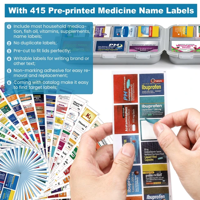 Alt view image 4 of 6 - 14 Grids Travel Pill Organizer Box with 415-Pcs Medicine Name Labels - Pocket Daily Pharmacy Case Container - Travel Medication Holder Dispenser Kit for Fish Oil Vitamin Supplement Storage - Grey